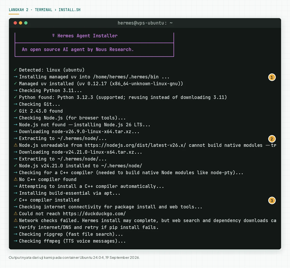 Terminal menampilkan banner Hermes Agent Installer, deteksi Ubuntu, uv, Python, Git, unduhan Node.js, dan pemasangan build-essential