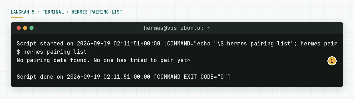 Terminal menampilkan hermes pairing list dengan pesan No pairing data found