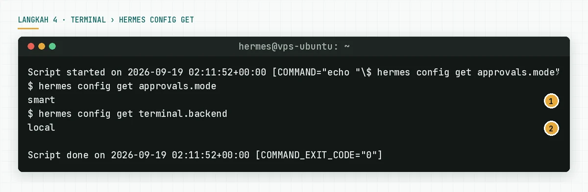 Terminal menampilkan hermes config get approvals.mode bernilai smart dan terminal.backend bernilai local