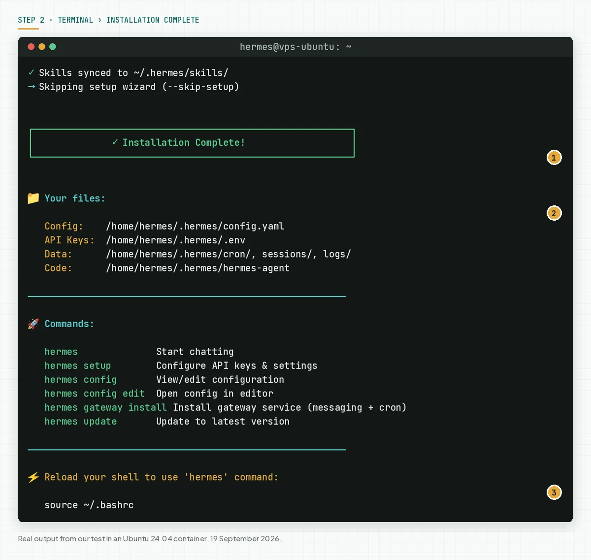 Terminal showing Done 58 new skills, the Installation Complete box, file locations, the command list, and the source ~/.bashrc instruction