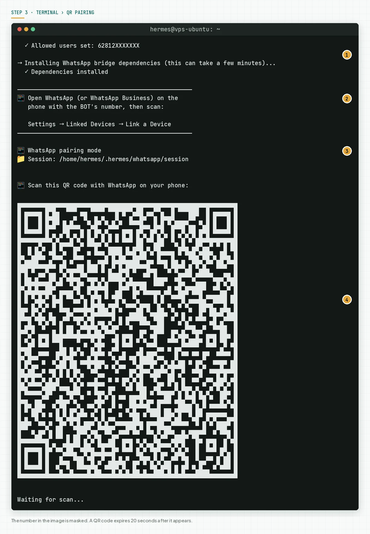 Terminal showing Allowed users set, the bridge dependency install, the Settings Linked Devices Link a Device instruction, and a QR code