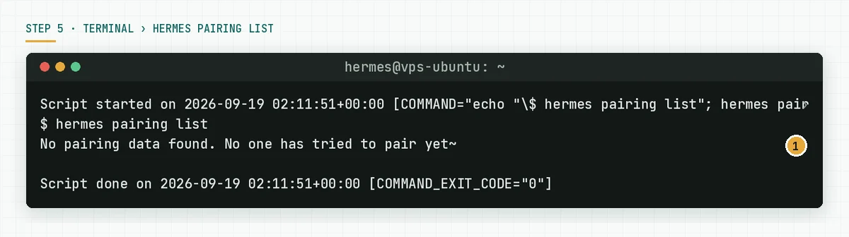 Terminal showing hermes pairing list with the message No pairing data found