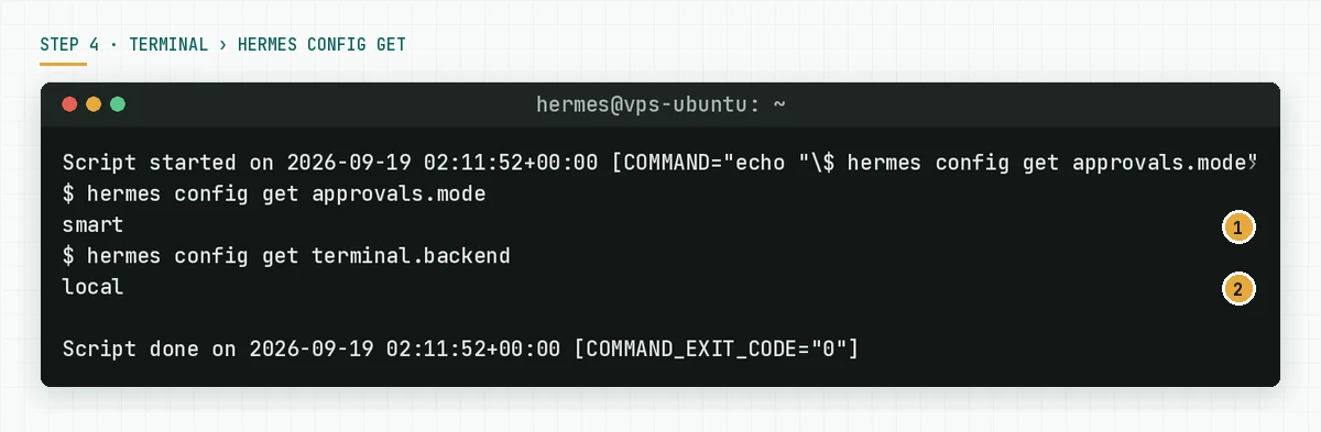Terminal showing hermes config get approvals.mode with the value smart and terminal.backend with the value local