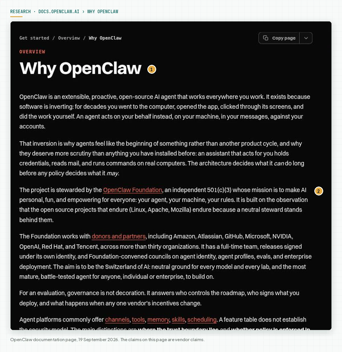 The Why OpenClaw documentation page with the explanation of the foundation, donors, and the trust boundary