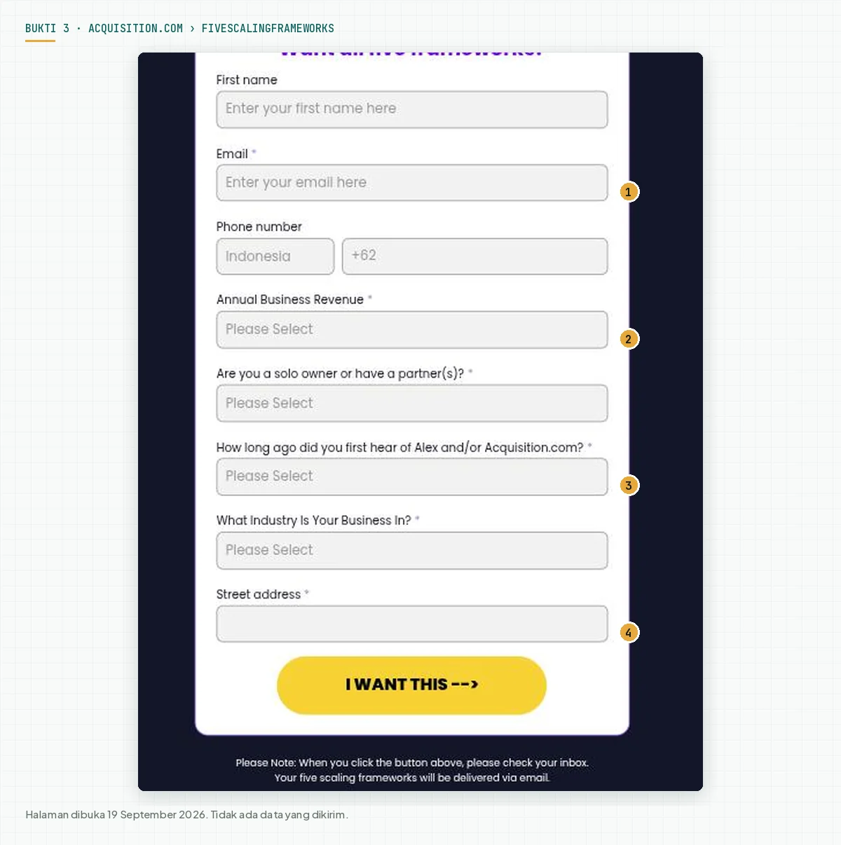Form lead magnet 5 Scaling Frameworks dalam keadaan kosong dengan field nama, email wajib, nomor telepon, rentang omzet wajib, status kepemilikan wajib, lama mengenal Alex wajib, industri wajib, dan alamat wajib