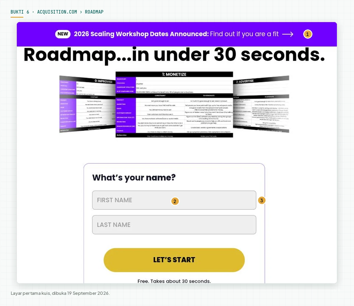 Layar pertama kuis roadmap dengan bar pengumuman jadwal workshop di atas, pratinjau lembar roadmap bertahap, dan form yang hanya meminta nama depan serta nama belakang
