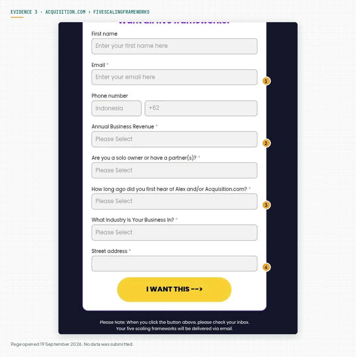 The empty 5 Scaling Frameworks lead magnet form with fields for name, a required email, a phone number, a required revenue band, a required ownership status, a required answer on how long the reader has known Alex, a required industry, and a required address