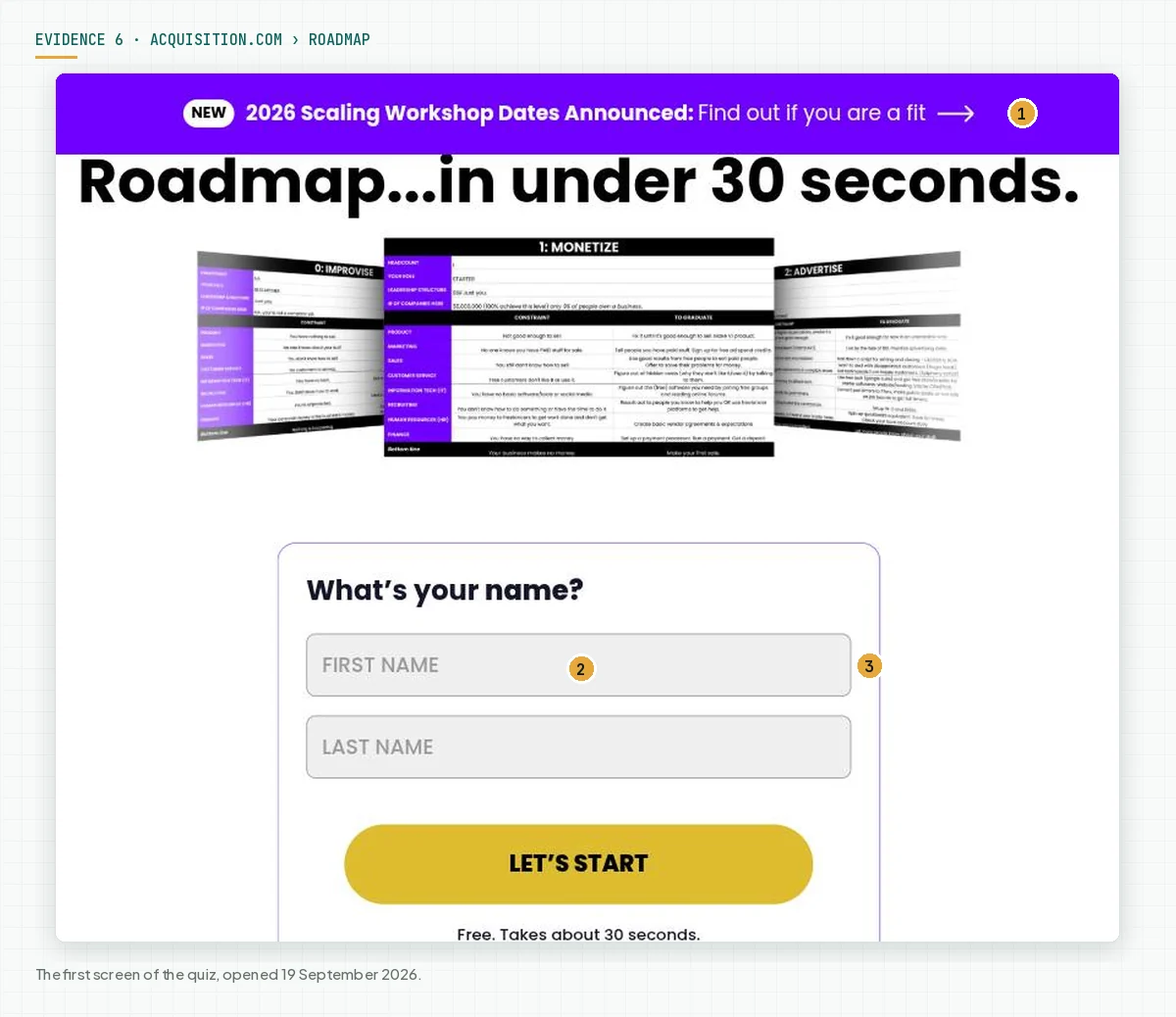 The first screen of the roadmap quiz with a workshop date announcement bar above, a preview of the staged roadmap sheets, and a form that asks only for a first and last name
