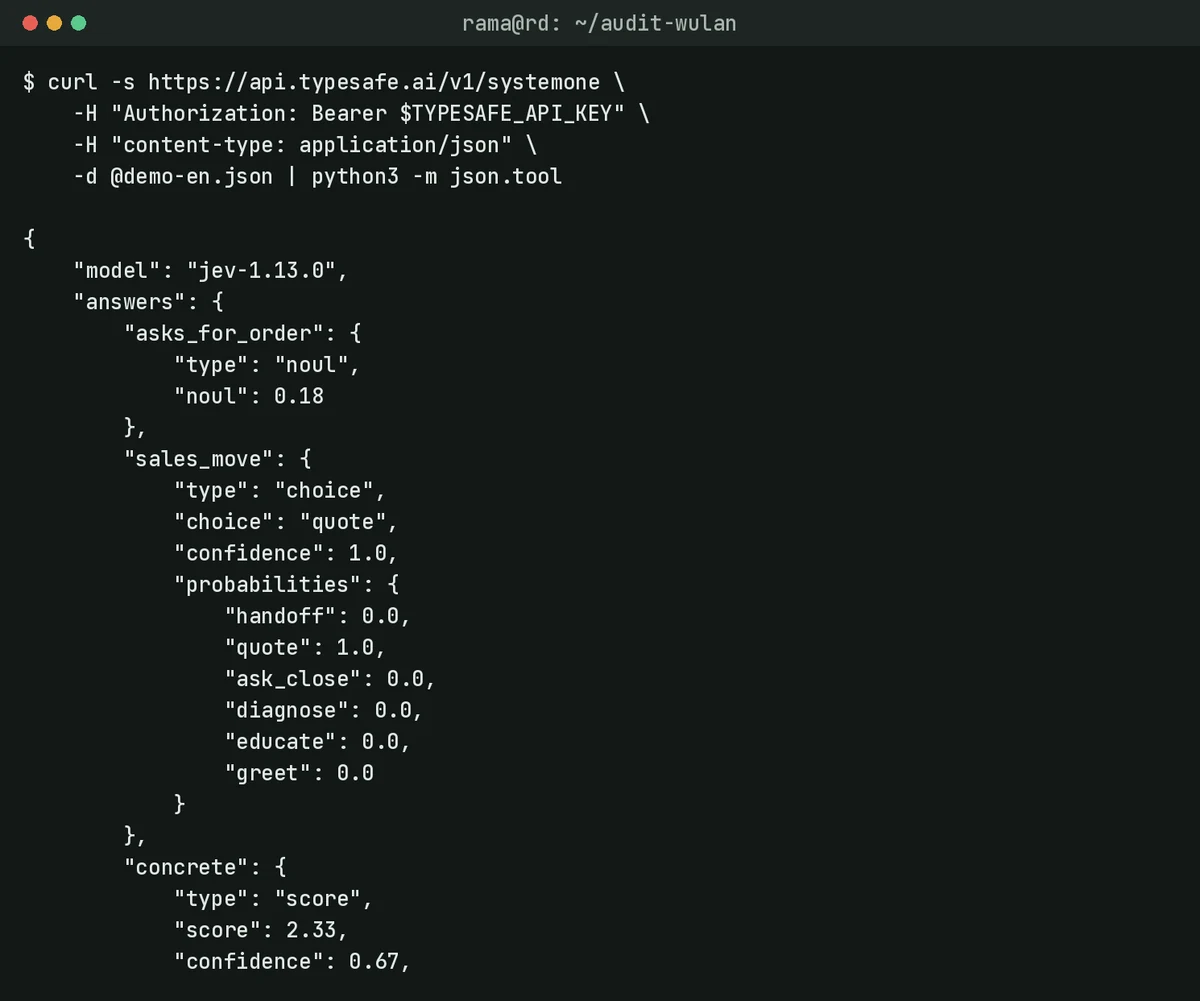A terminal window showing a curl call to api.typesafe.ai and a JSON answer with noul 0.18, choice quote at confidence 1.0, and a score