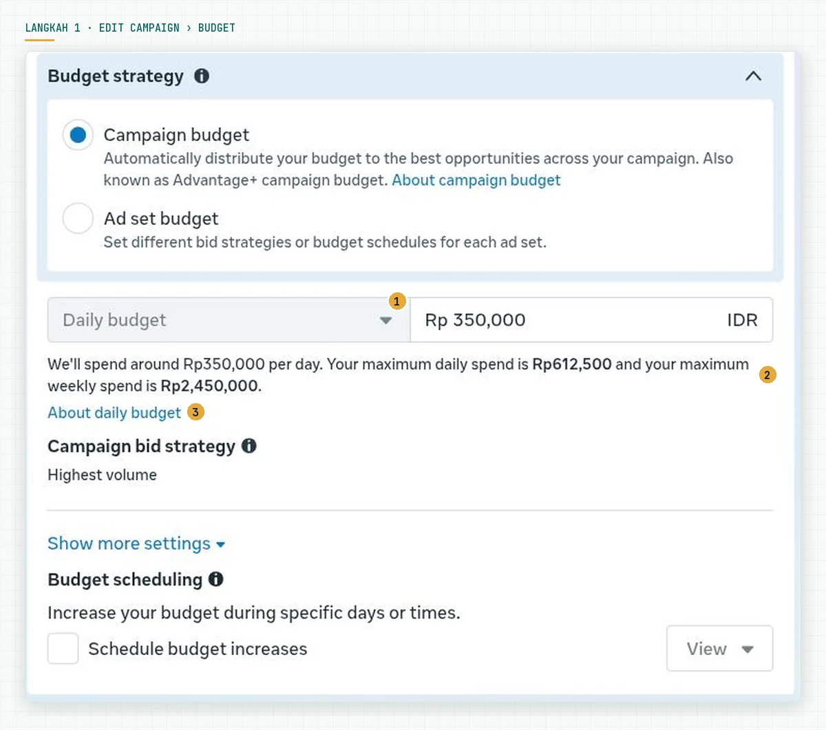 Kartu Budget pada edit campaign: pilihan Campaign budget aktif, Daily budget Rp 350,000 IDR, dan teks maximum daily spend Rp612,500 serta maximum weekly spend Rp2,450,000