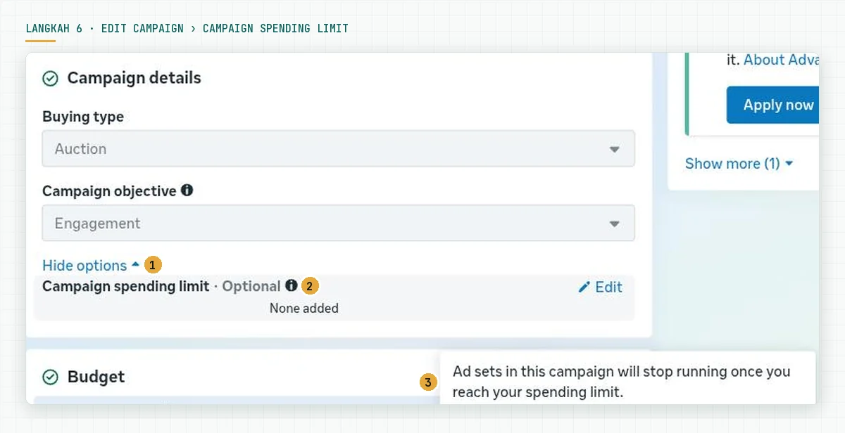 Bagian Campaign details pada edit campaign dengan Campaign spending limit Optional bernilai None added, tombol Edit, dan tooltip Ad sets in this campaign will stop running once you reach your spending limit
