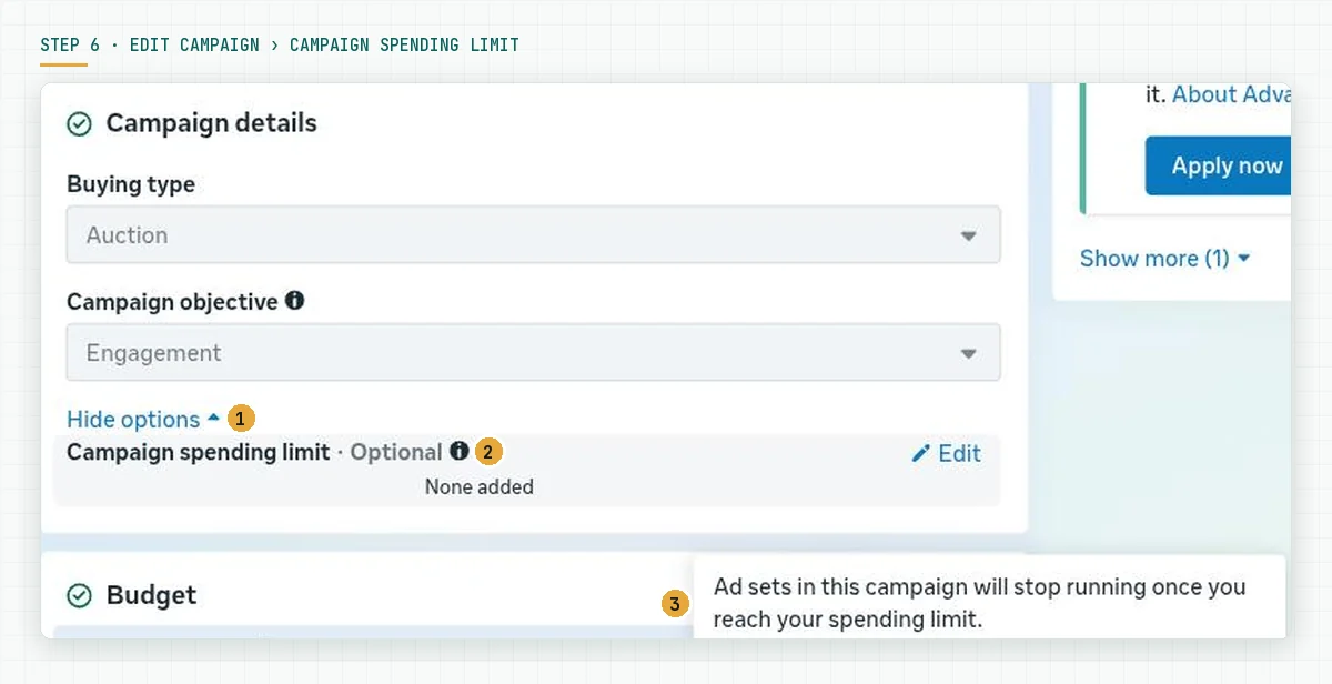 Campaign details section on the campaign edit view with Campaign spending limit Optional set to None added, an Edit button, and the tooltip Ad sets in this campaign will stop running once you reach your spending limit