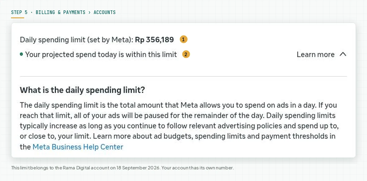 Billing and payments page showing Daily spending limit set by Meta Rp 356,189, the status projected spend today is within this limit, and the explanation What is the daily spending limit