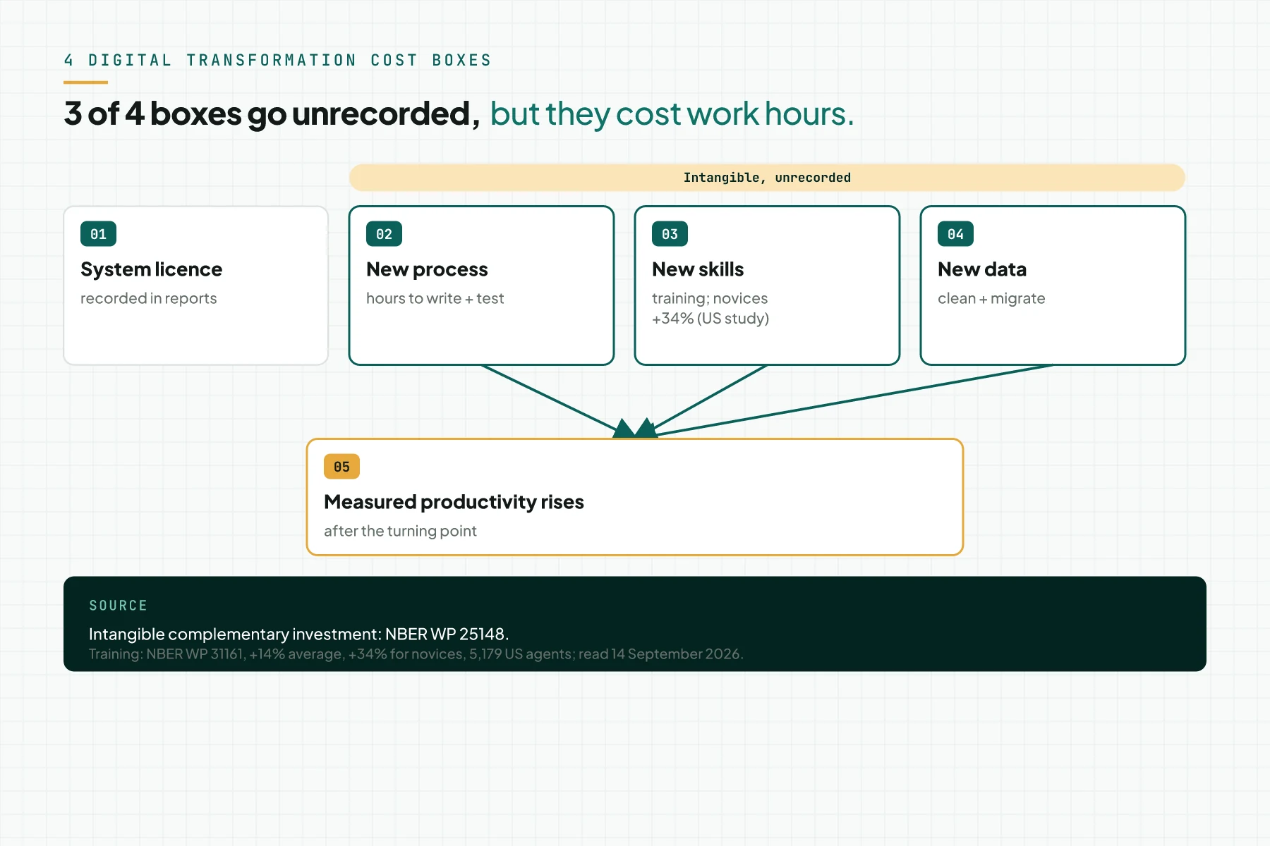 Diagram of 4 digital transformation cost boxes: the recorded system licence, plus new process, new skills, and new data that are intangible and unrecorded, with the 3 leading to measured productivity that rises after the turning point.