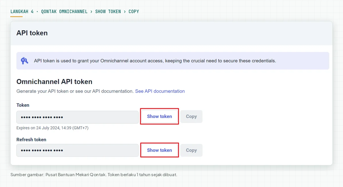 Halaman API token Qontak menampilkan token tersamar, tanggal kedaluwarsa, tombol Show token, dan tombol Copy