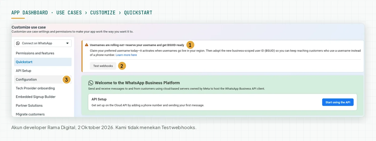 Halaman Quickstart di App Dashboard Meta dengan peringatan Usernames are rolling out, tombol Test webhooks, dan menu Configuration