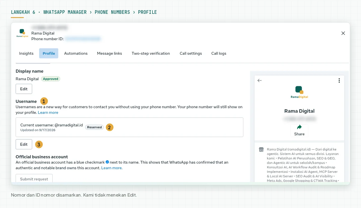 Tab Profile di WhatsApp Manager dengan bagian Username, username @ramadigital.id berstatus Reserved, dan tombol Edit