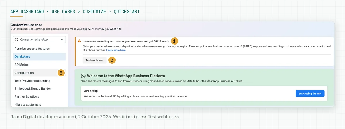 The Quickstart page in the Meta App Dashboard with the warning Usernames are rolling out, the Test webhooks button, and the Configuration menu