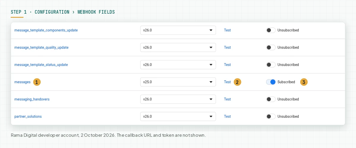 The Webhook fields section in the App Dashboard with the messages row set to Subscribed and the Test link in the Test column