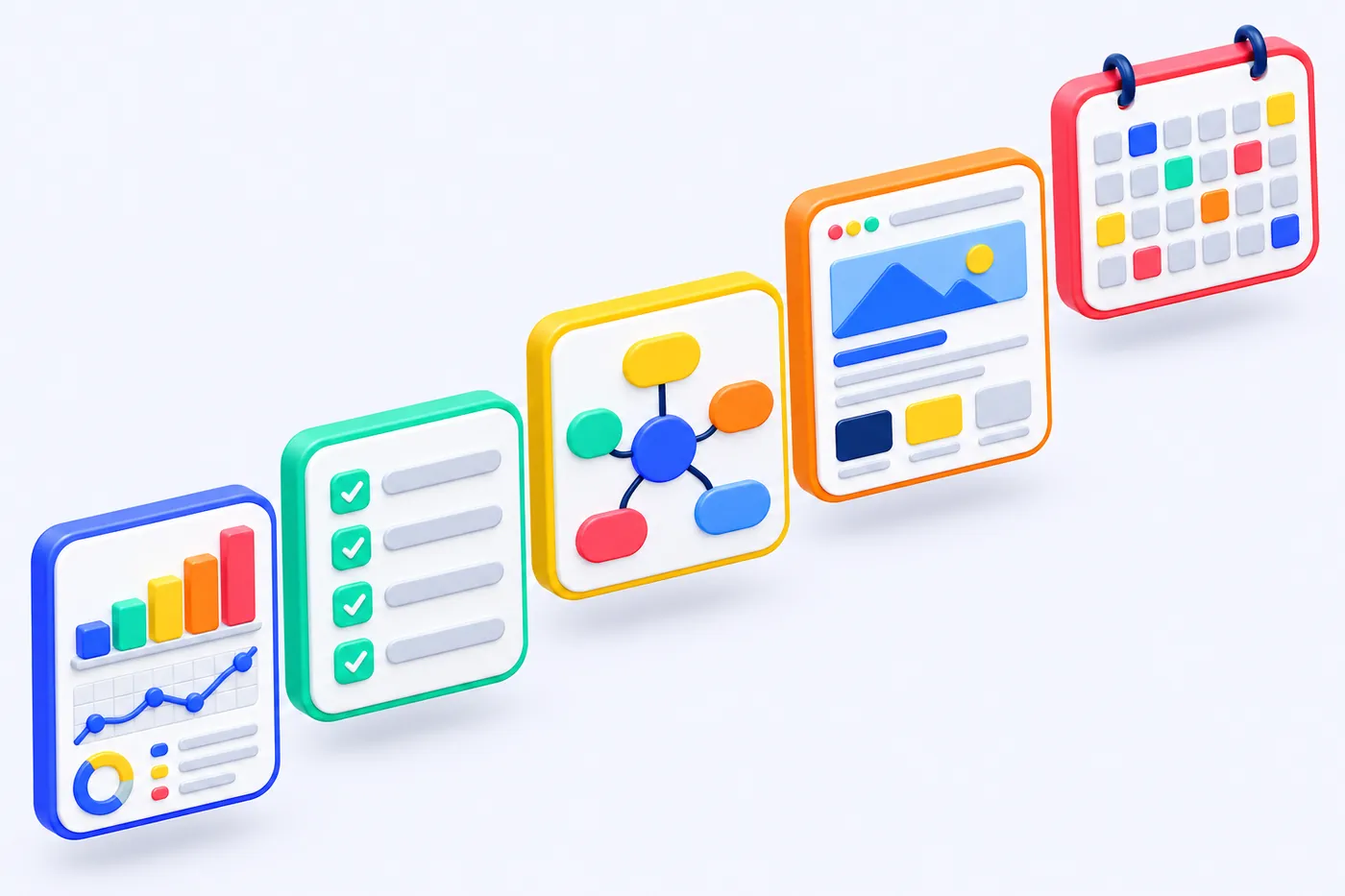 Ilustrasi alat peserta: laporan, checklist, mind map, landing page, dan kalender.