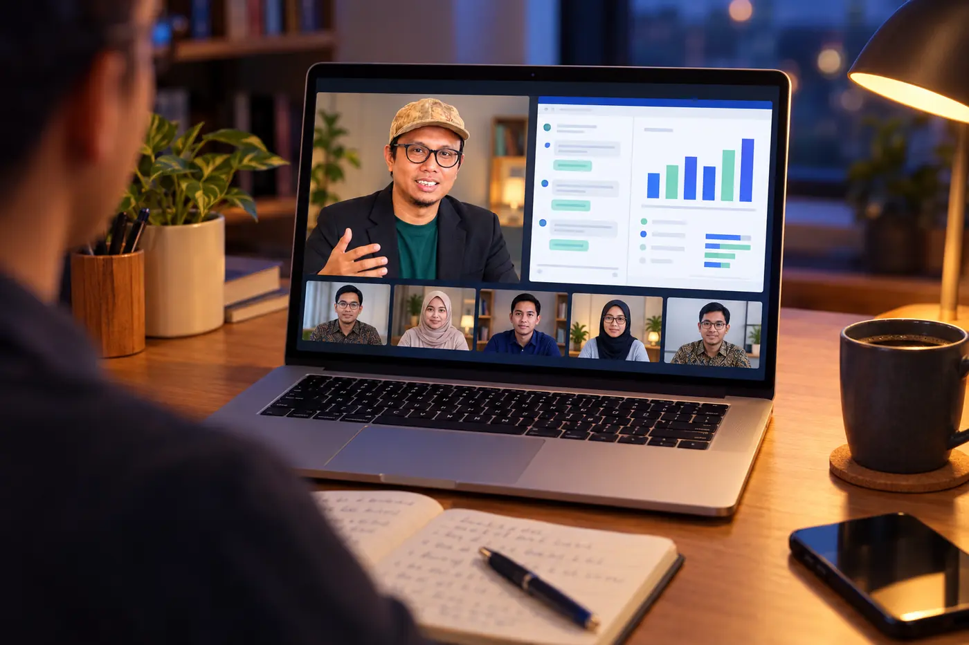 Ari Eko Prasethio mengajar kelas live lewat video call. Peserta tampil di baris bawah layar.