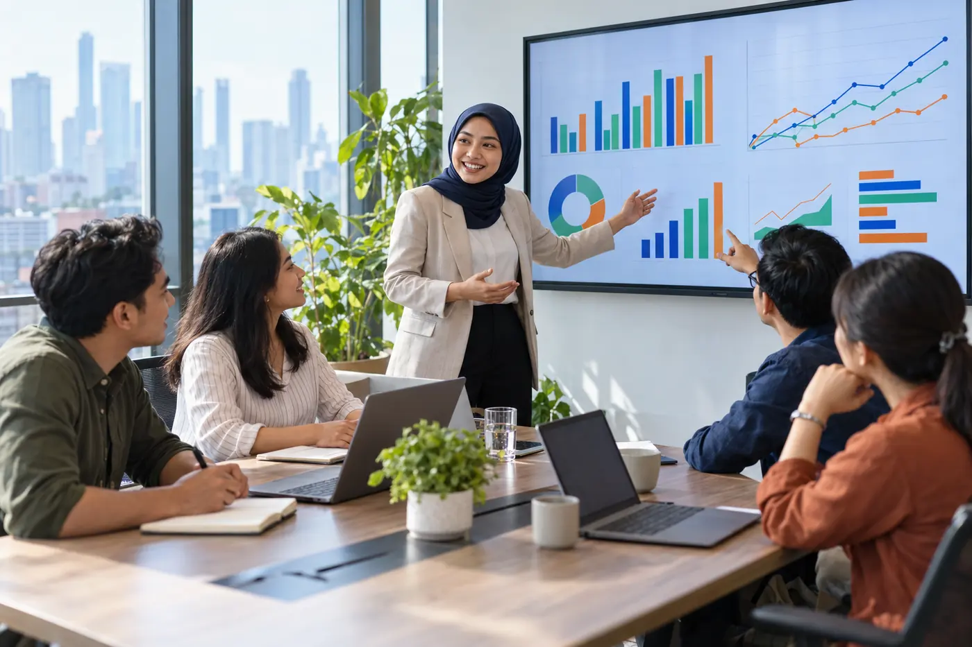 Seorang marketing manager menunjukkan laporan iklan kepada timnya di ruang rapat.