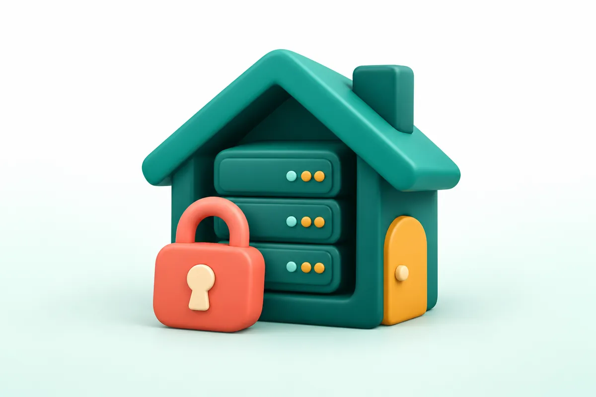 Rak server clay di dalam rumah teal dengan pintu amber dan gembok coral.