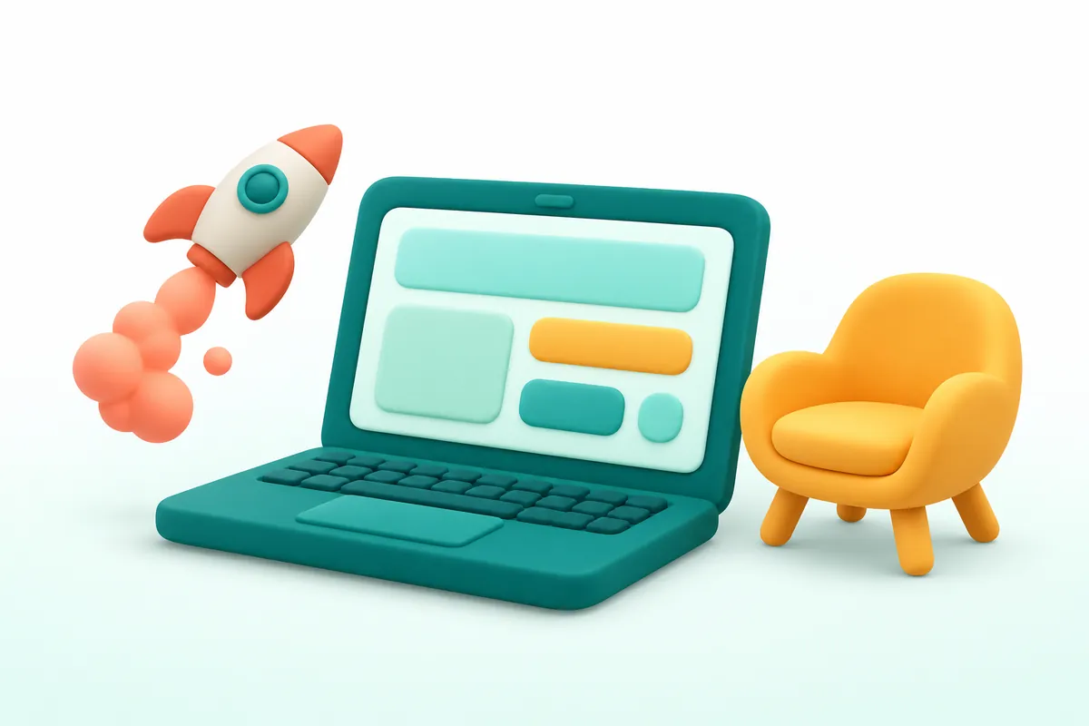 Laptop clay dengan blok sederhana, kursi amber, dan roket coral.