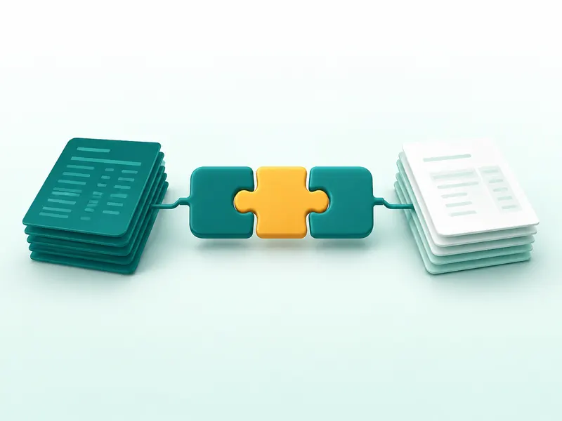Ilustrasi 3D: tumpukan mutasi bank dan tumpukan faktur tersambung, dengan potongan puzzle amber yang cocok.