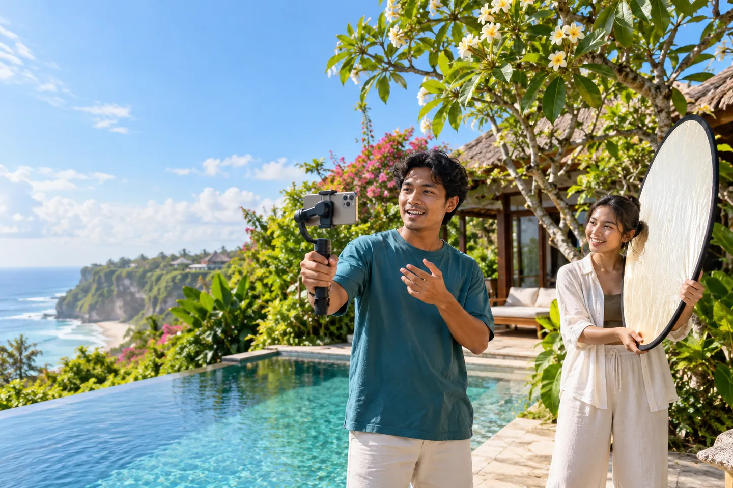Ilustrasi sesi shoot video vertikal di taman villa dengan kolam di Bali
