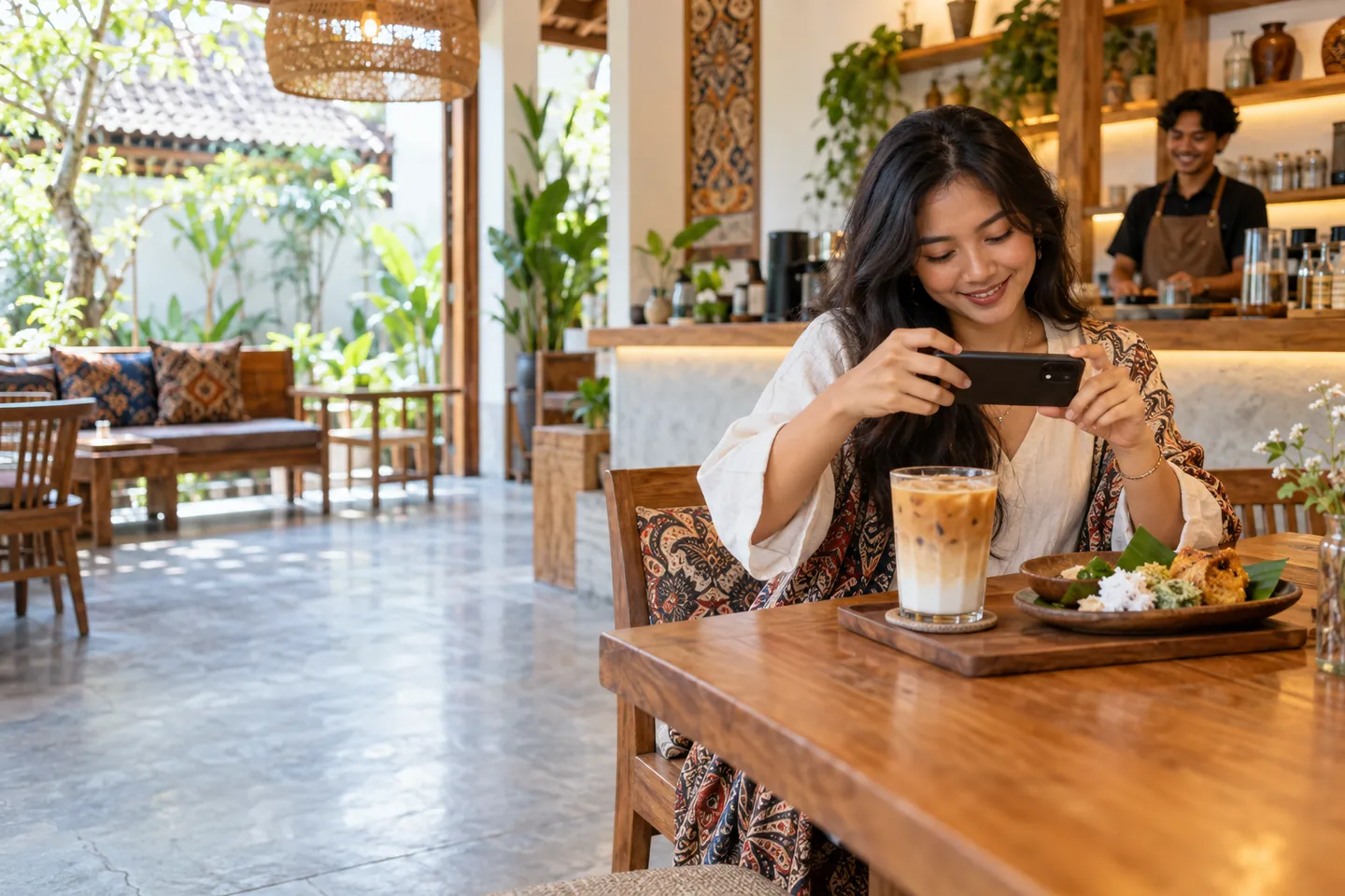 Ilustrasi kreator konten memotret kopi dan jajanan di kafe Yogyakarta