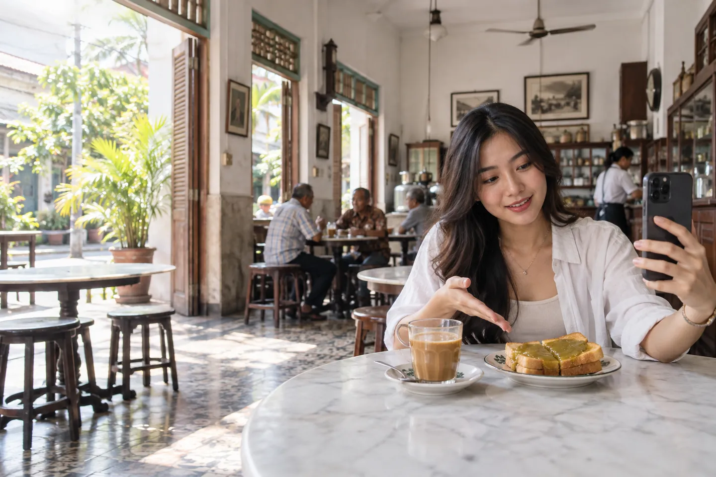 Ilustrasi kreator konten merekam video kopi susu di warung kopi Pontianak