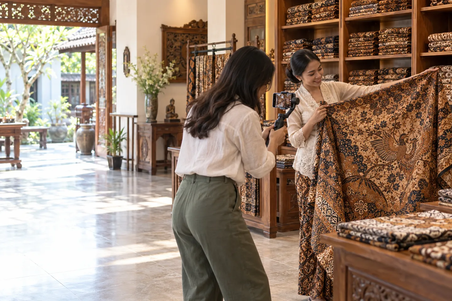 Ilustrasi kreator konten memotret kain batik di galeri batik Solo