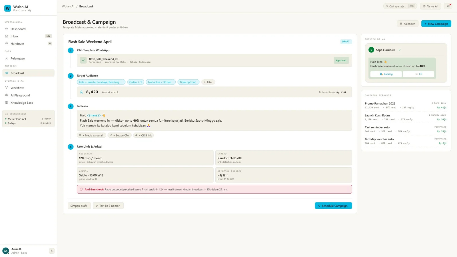 Dashboard broadcast dan campaign control untuk OpenClaw CRM Operating System